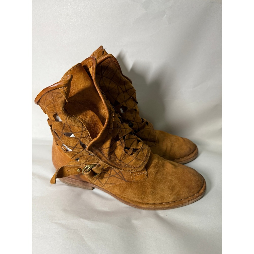 AS 98 Women's Ankle Boots Brown Leather Suede Cutout Accents‎ Buckle US 8.5 EU39